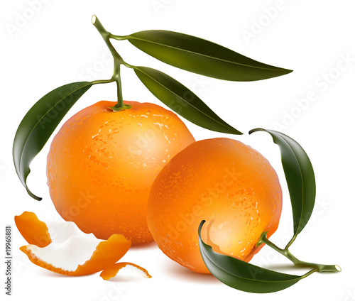 Fresh tangerines with green leaves and tangerine peel.