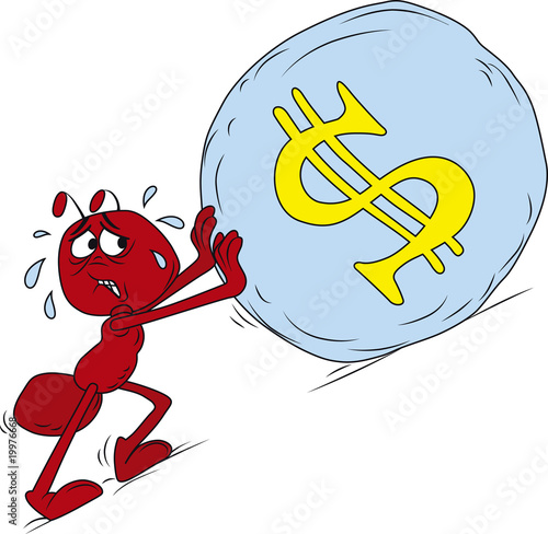 Vector illustration of red sisyphus ant boulder stone uphill