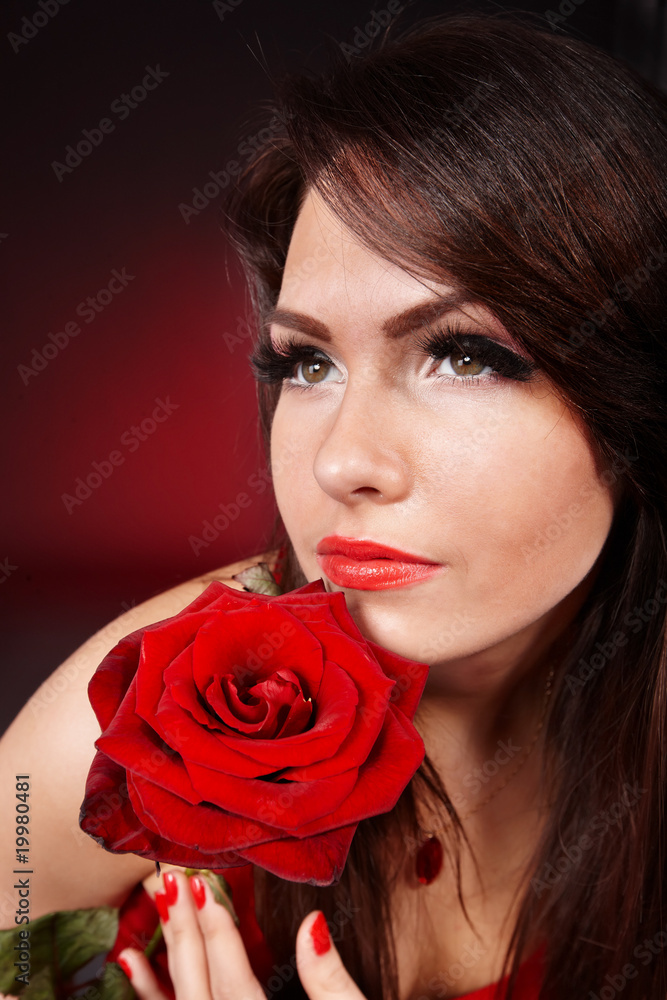 Girl with rose on red background. Valentine's Day. Girl with rose on red background. Valentine's Day.