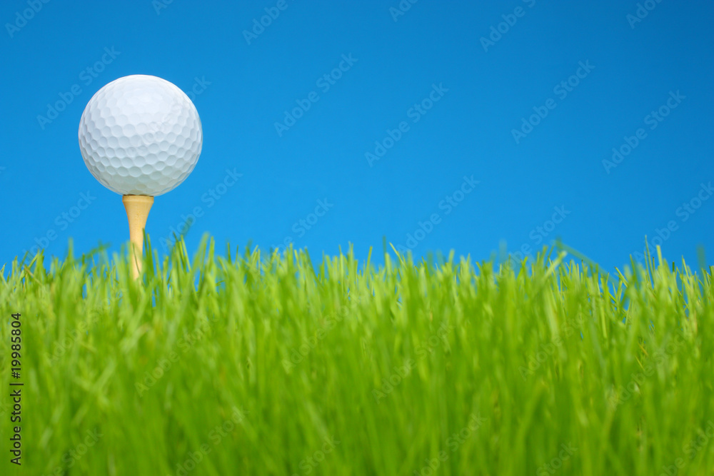 Golf ball on tee in grass closeup Golf ball on tee in grass closeup