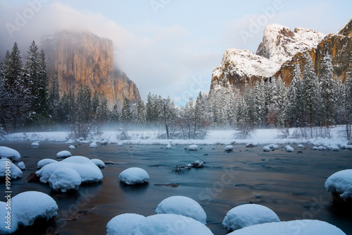 Yosemite Valley after sunset in winter