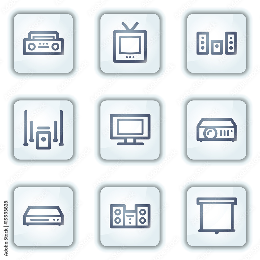 Audio video web icons, white square buttons series Audio video web icons, white square buttons series