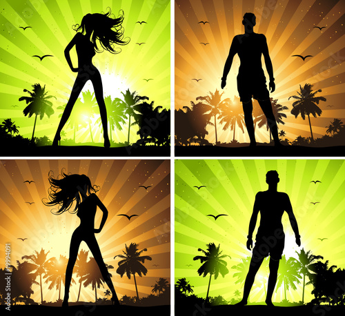 Summer holiday, man and beautiful girl silhouette on sunset