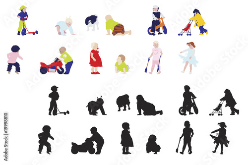 playing kids, collage style drawing