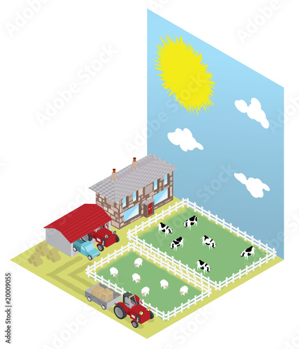 Isometric Farm with Sunny Backdrop