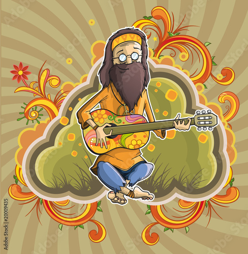 Hippie with guitar in nirvana