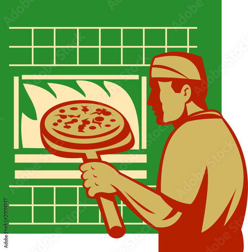Pizza pie maker or baker holding baking pan