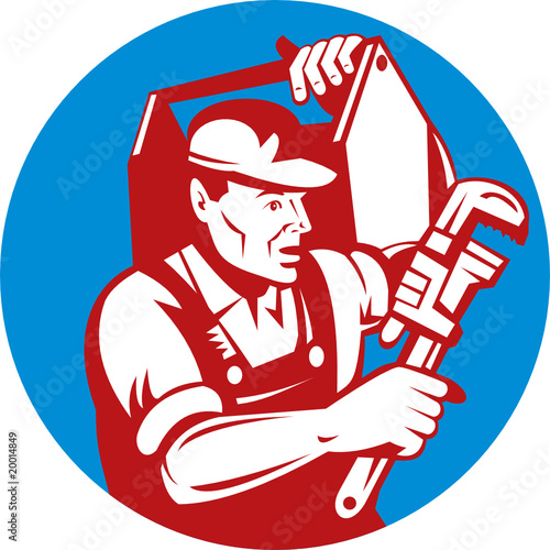 Plumber with monkey wrench toolbox running