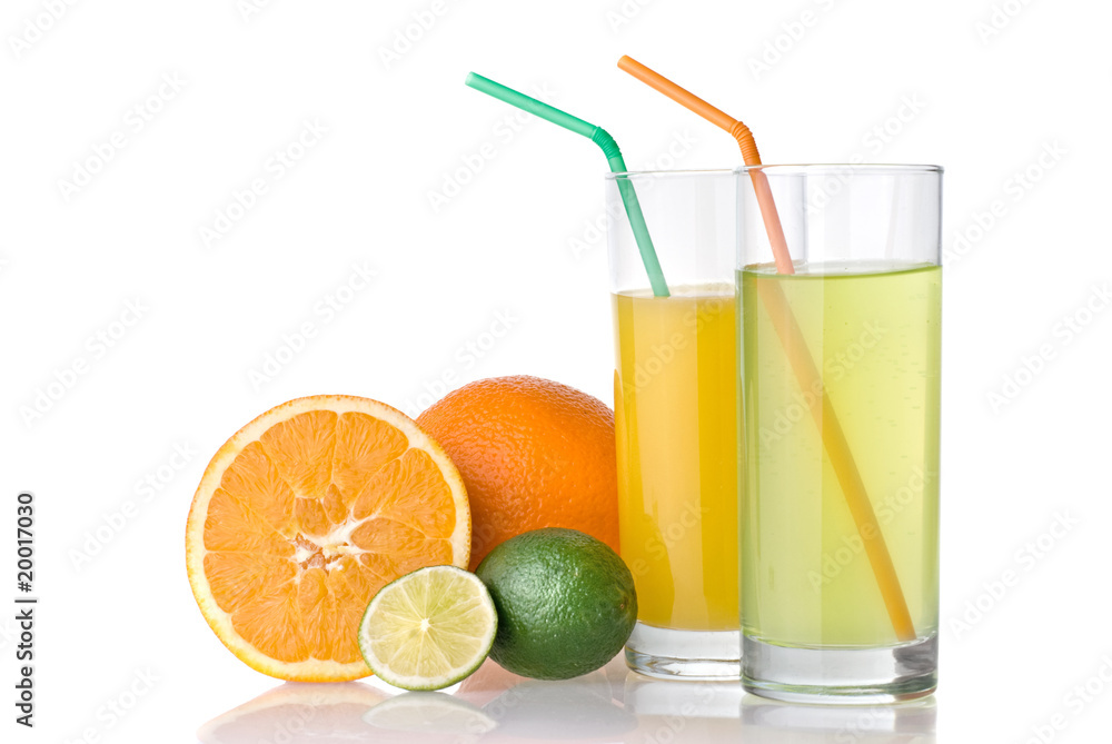 orange and lime juices with orange and lime isolated on white orange and lime juices with orange and lime isolated on white