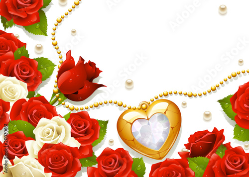 Postcard with roses, pearls and medallion in the shape of heart