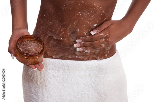 Exfoliation Woman Putting scrub on abdomen