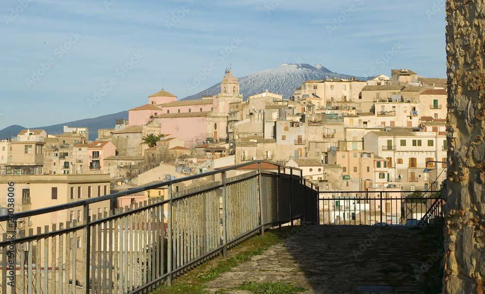 View Of Village On Background Etna