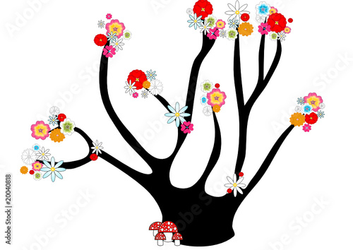arbolito con flores de colores y setas rojas