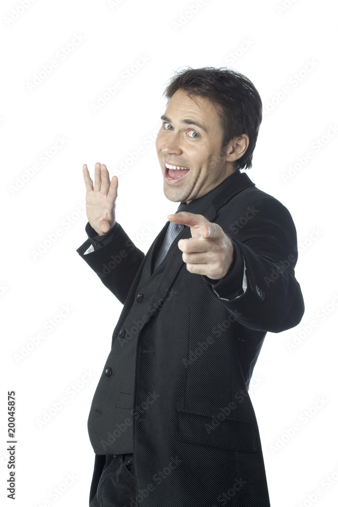 jeune homme d'affaires montrer de l'index souriant jeune homme d'affaires montrer de l'index souriant