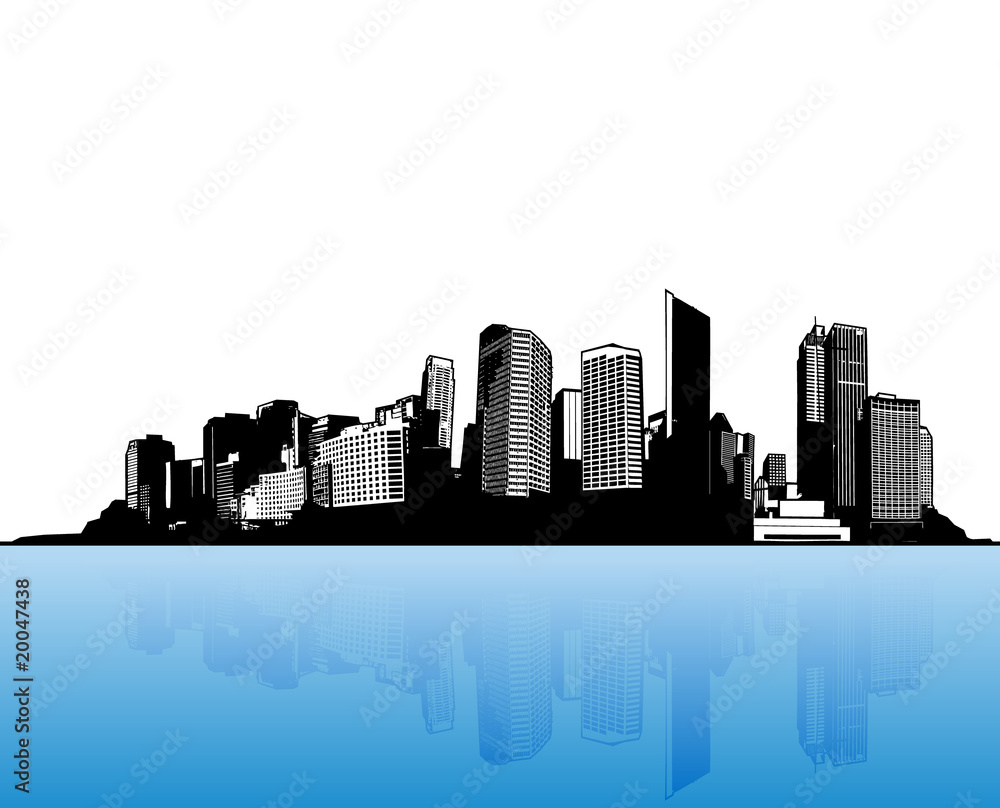City with blue water. Vector art