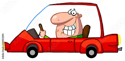 Man Smiling And Passing By While Driving His New Red Compact Car