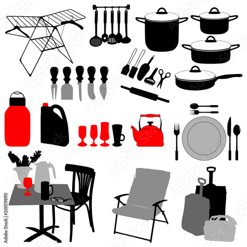 dishes, pan, mixer and other kitchen objects silhouette vector