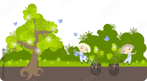 Illustration of two boys taking care of the planet