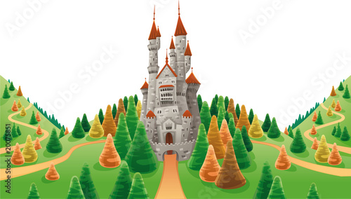 Medieval castle in the land. Cartoon and vector illustration
