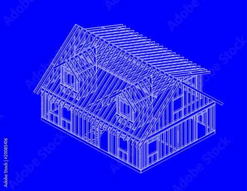 blue print style illustration of house frame SE view