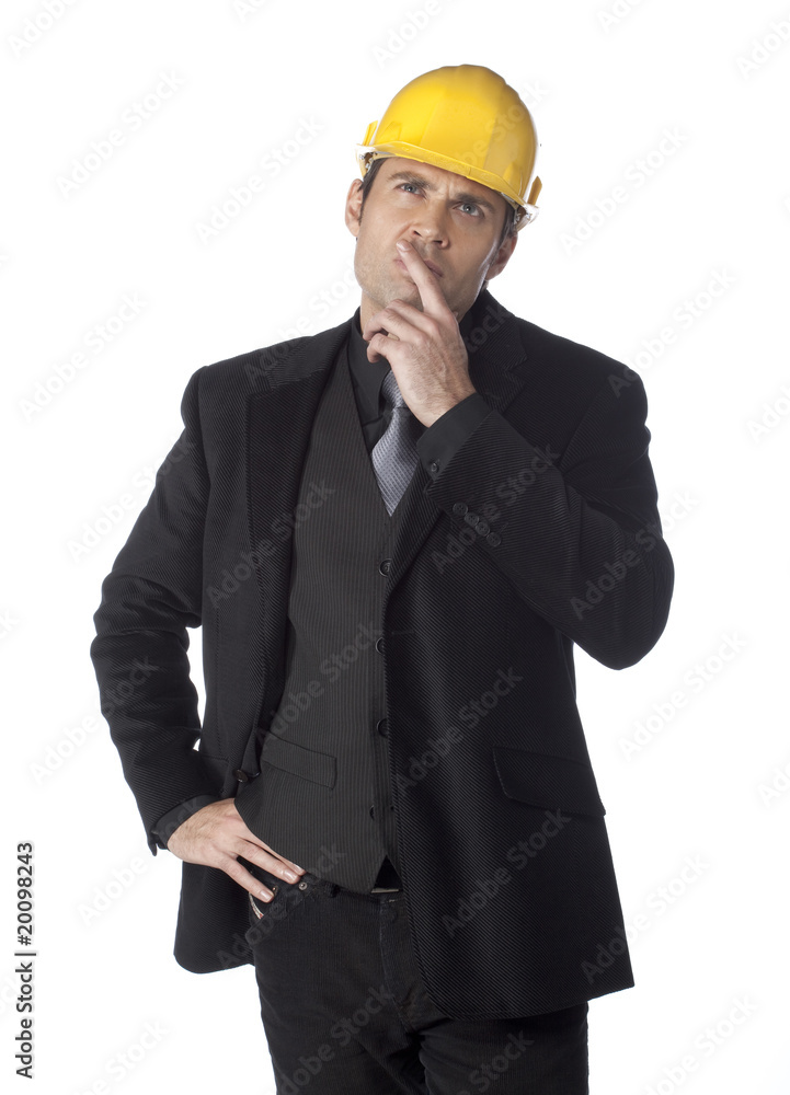 jeune homme d'affaires reflexion chantier casque sécurité Stock Photo