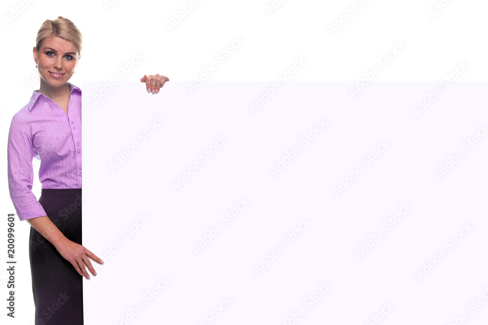 Blond woman holding a blank message board.