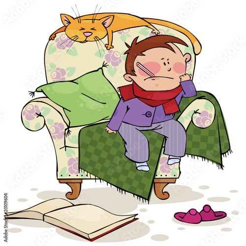 Sick boy and cat in the chair