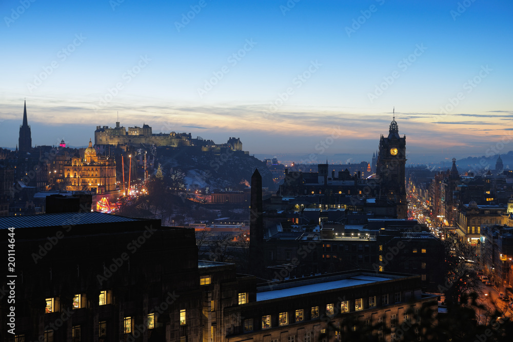 Central Edinburgh, Scotland, UK, at nightfall in winter