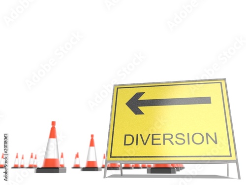 A diversion sign with road cones in the background