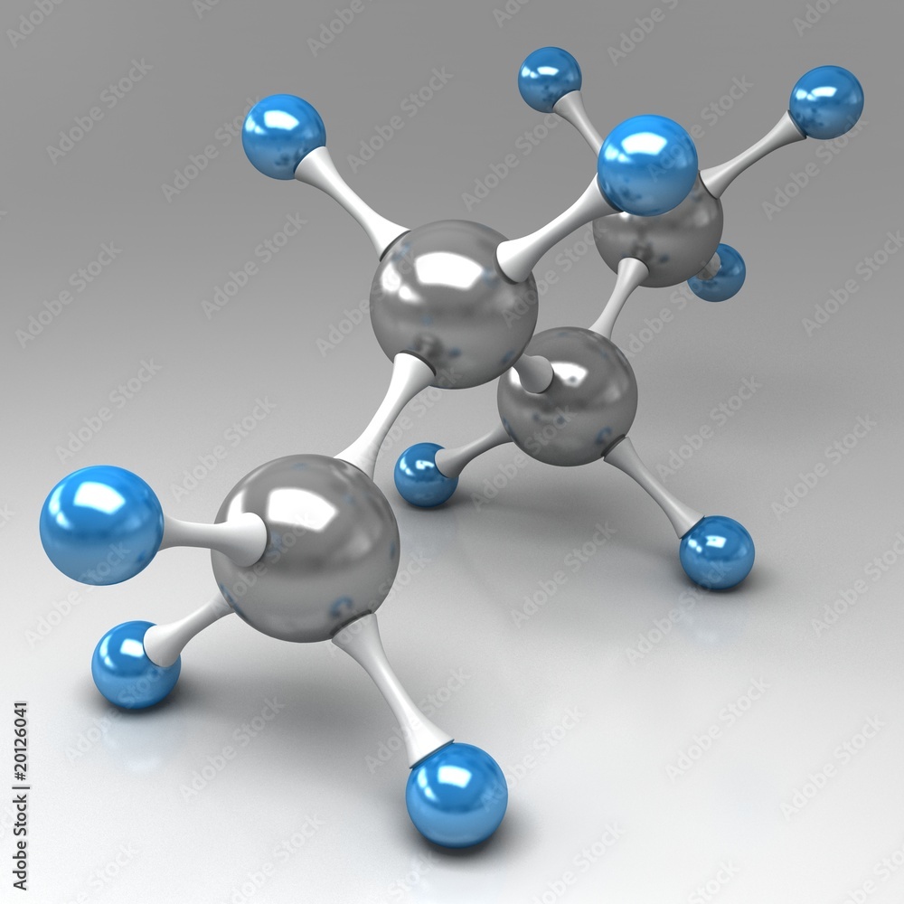 molecular model of butane on gray background