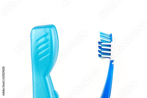 Blue and white tooth brush and case