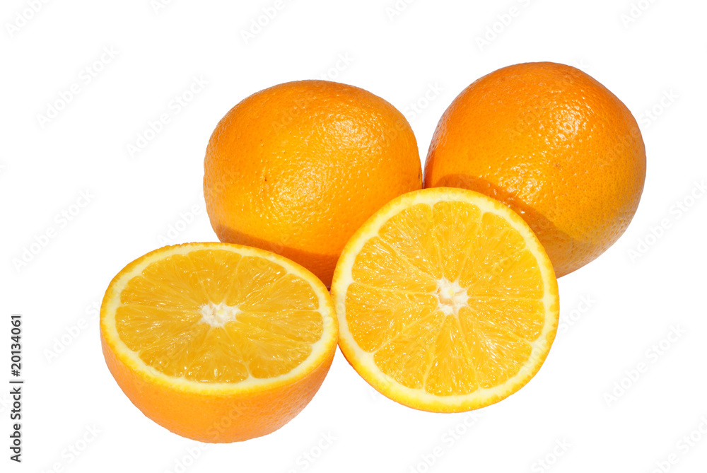 Three orange, one of which was cut in half, isolated Three orange, one of which was cut in half, isolated