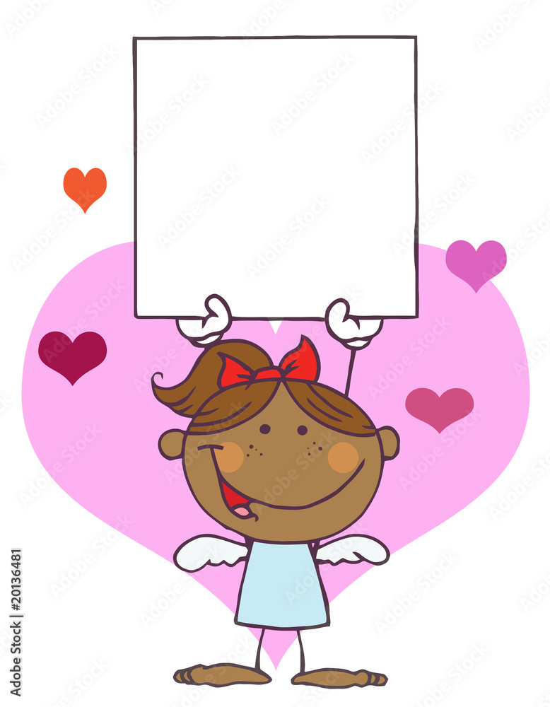 Cartoon Stick African American Cupid Girl with Banner Cartoon Stick African American Cupid Girl with Banner