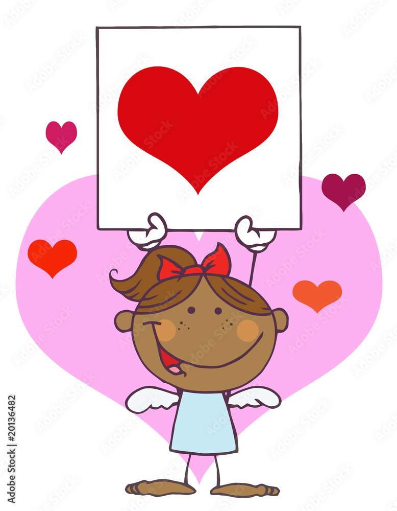 Cartoon Stick African American Cupid Girl with Banner Heart Cartoon Stick African American Cupid Girl with Banner Heart