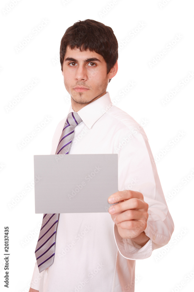 Young businessman holding blank poster Young businessman holding blank poster