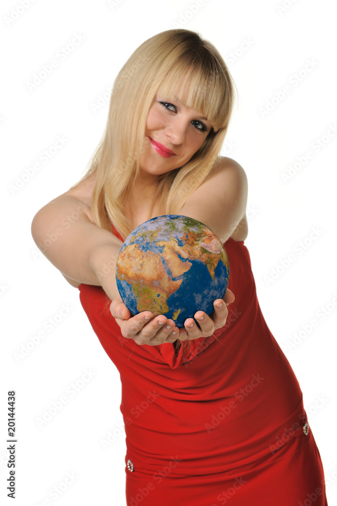 The young woman holds the globe in hands The young woman holds the globe in hands