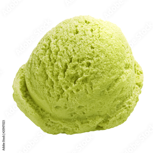 Pistachio, green tea or mint ice cream scoop isolated on white background