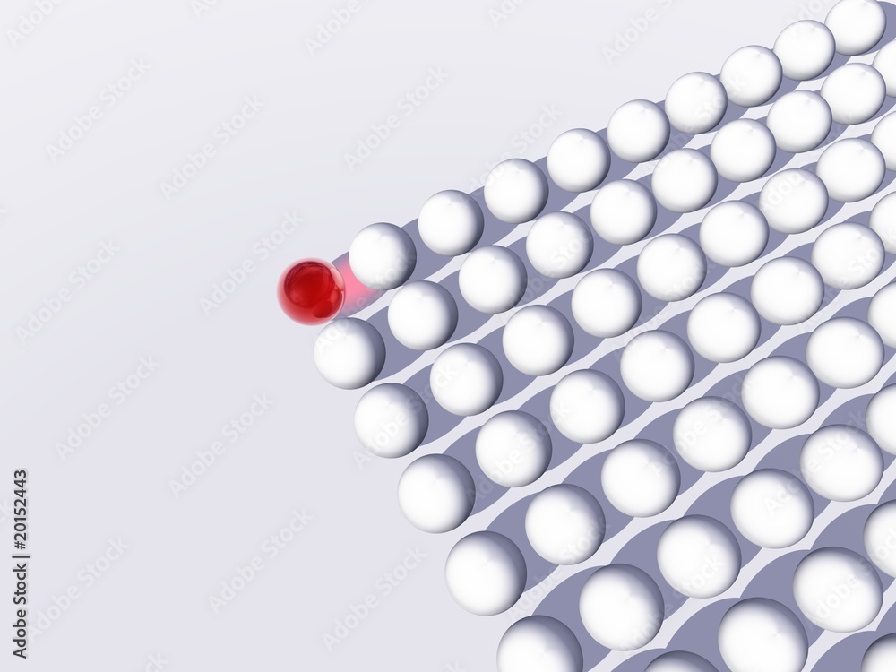 Conceptual crowd of spheres with one red glass sphere Conceptual crowd of spheres with one red glass sphere