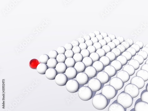 Conceptual crowd of spheres with one red glass sphere