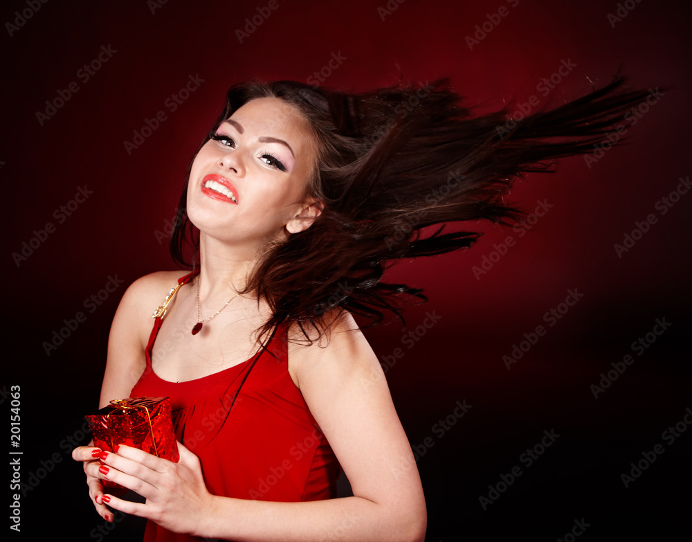 Naklejka premium Girl with red gift box. Valentines day.