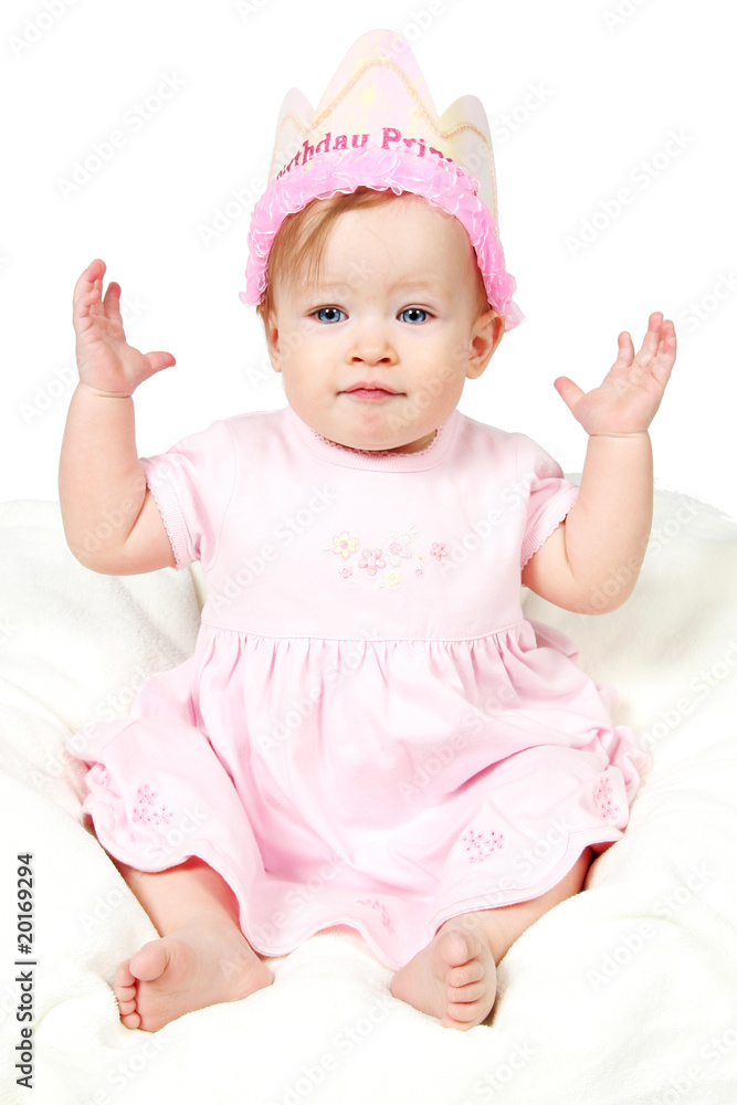 Baby Girl With Birthday Hat and hand on Air Baby Girl With Birthday Hat and hand on Air