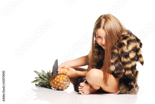 little girl dressed as prehistoric man