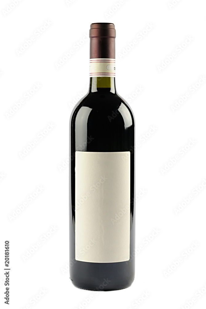 Bottiglia di Vino rosso con etichetta bianca Bottiglia di Vino rosso con etichetta bianca