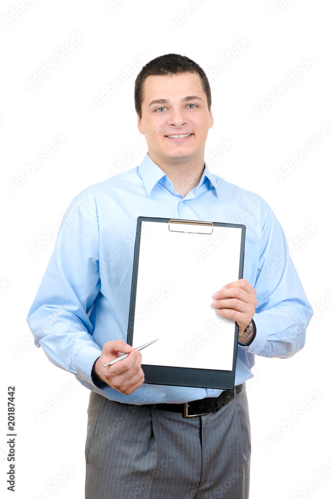 Businessman holding clipboard isolated on white Businessman holding clipboard isolated on white