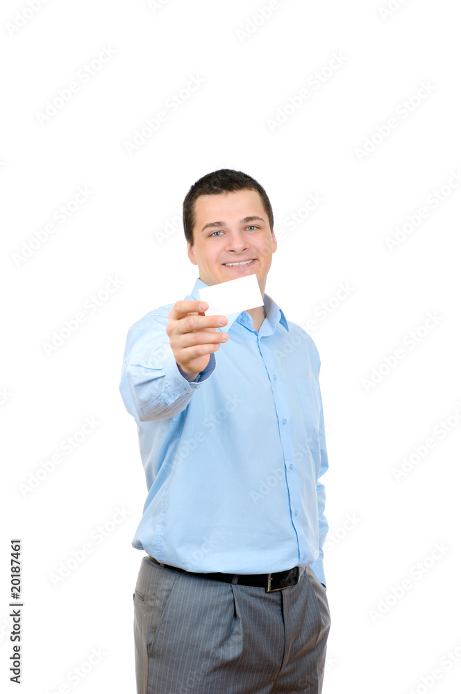 Businessman holding blank card isolated on white Businessman holding blank card isolated on white