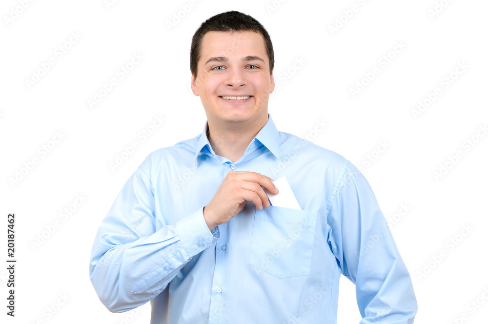 Businessman holding blank card isolated on white Businessman holding blank card isolated on white