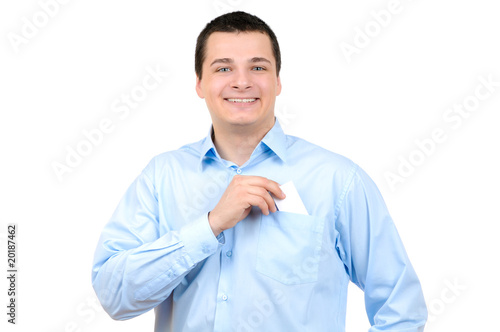 Businessman holding blank card isolated on white © Vitaly Raduntsev