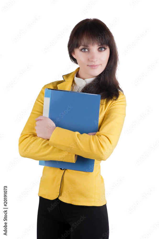 Young woman in yellow suit with the office folder. Young woman in yellow suit with the office folder.