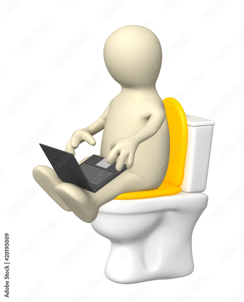 Puppet, sitting with a laptop on toilet bowl Puppet, sitting with a laptop on toilet bowl