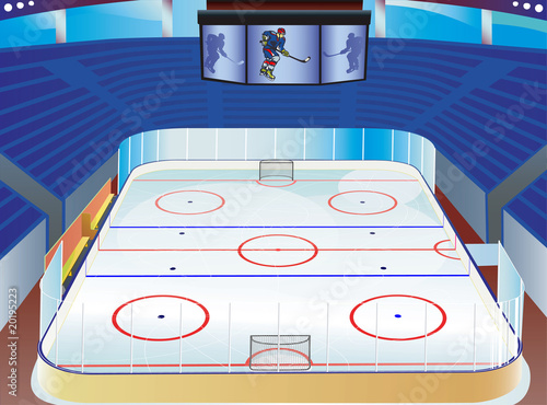 Hockey ice stadium  with detailed goal, tribune and info screen.